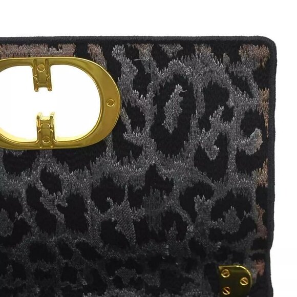 Auth Christian Dior Leopard Caro Shoulder Bag Gray/Black Velvet/Canvas - Picture 5 of 16
